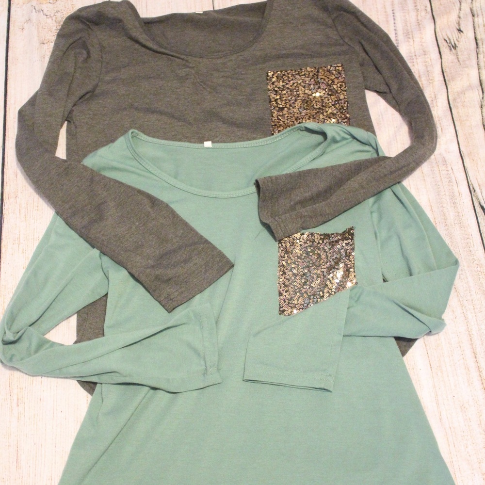 ⚡Two Tunic Top Long Sleeves with Sequin Pocket L